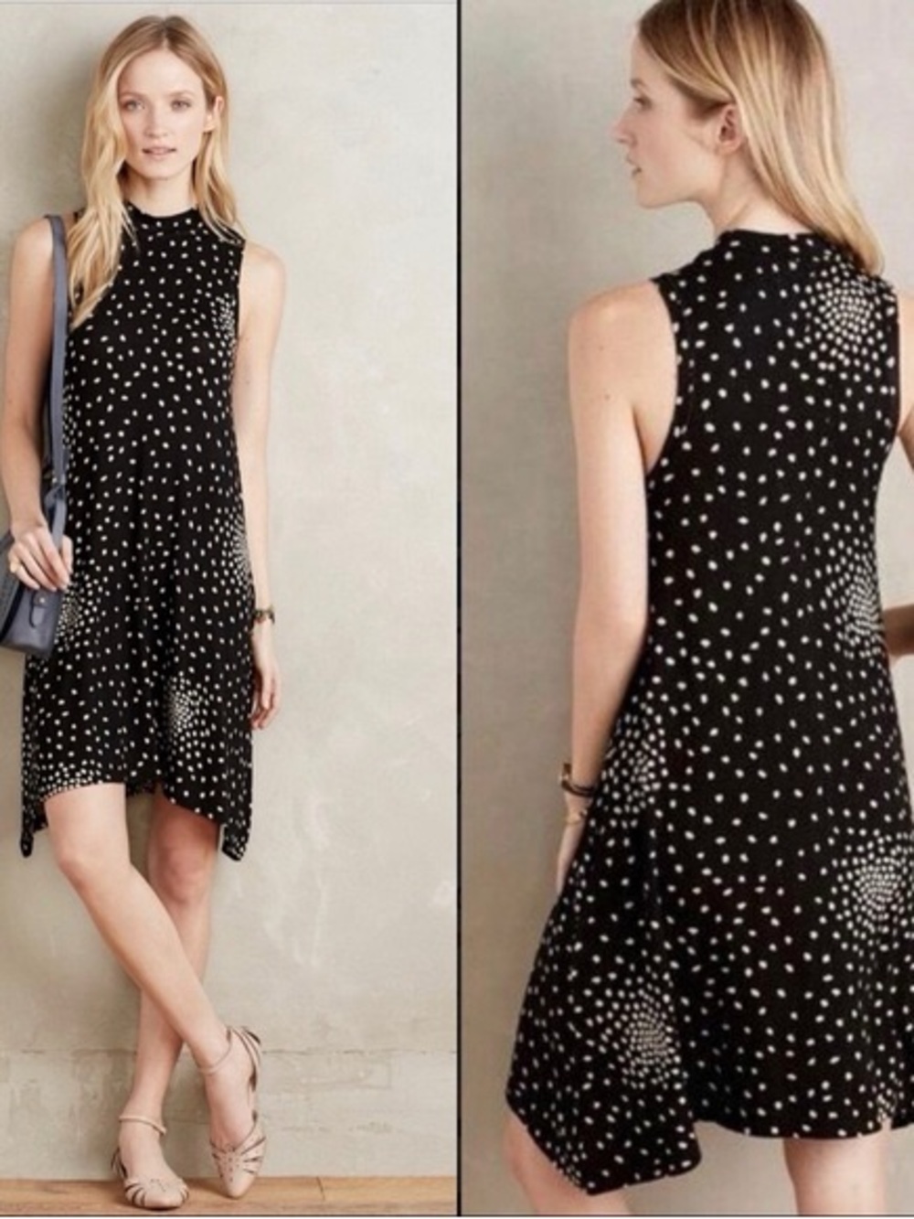 Anthropologie Sleeveless Black Polka Dot Swing Dress